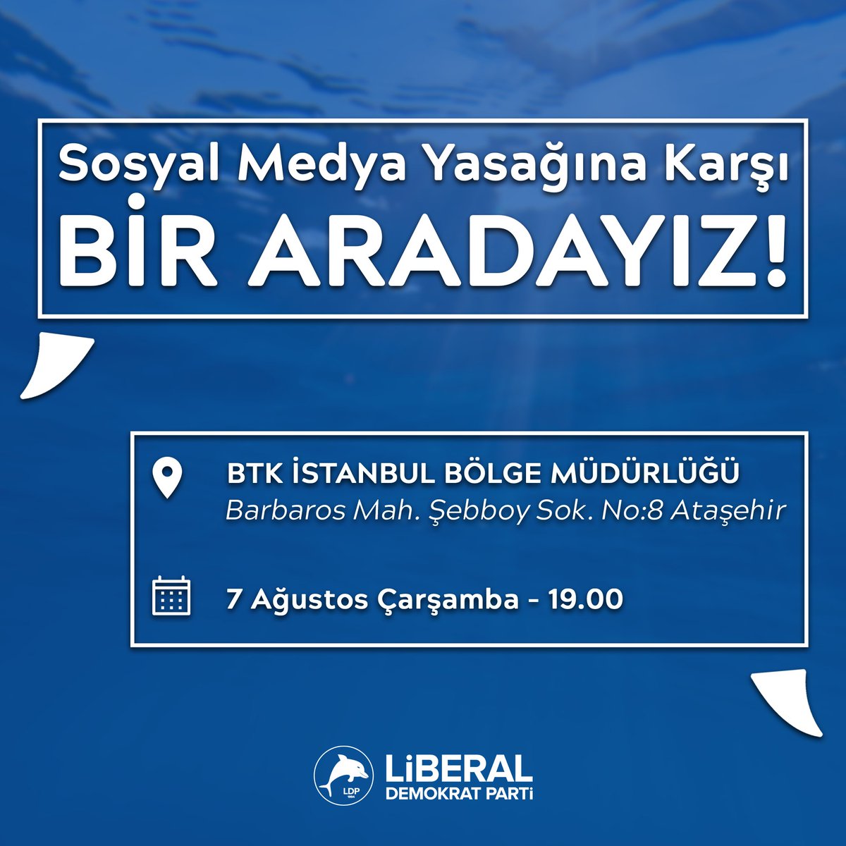 liberaLDP's tweet photo. Sosyal Medya Yasağına Karşı
BİR ARADAYIZ
Sorunları, yasaklayarak çözebileceğini zanneden çağ dışı zihniyete karşı 7 Ağustos Çarşamba günü saat 19.00'da BTK İstanbul Bölge Müdürlüğü önünde olacağız! Hangi platformu kullanacağımıza, hangi siteye gireceğimize, fikirlerimizi nasıl ifade edeceğimize karışmaya çalışan otoriter zihniyete karşı özgürlük mücadelemizi sahada da sürdüreceğiz! Bütün üyelerimizi ve sevenlerimizi bekliyoruz...