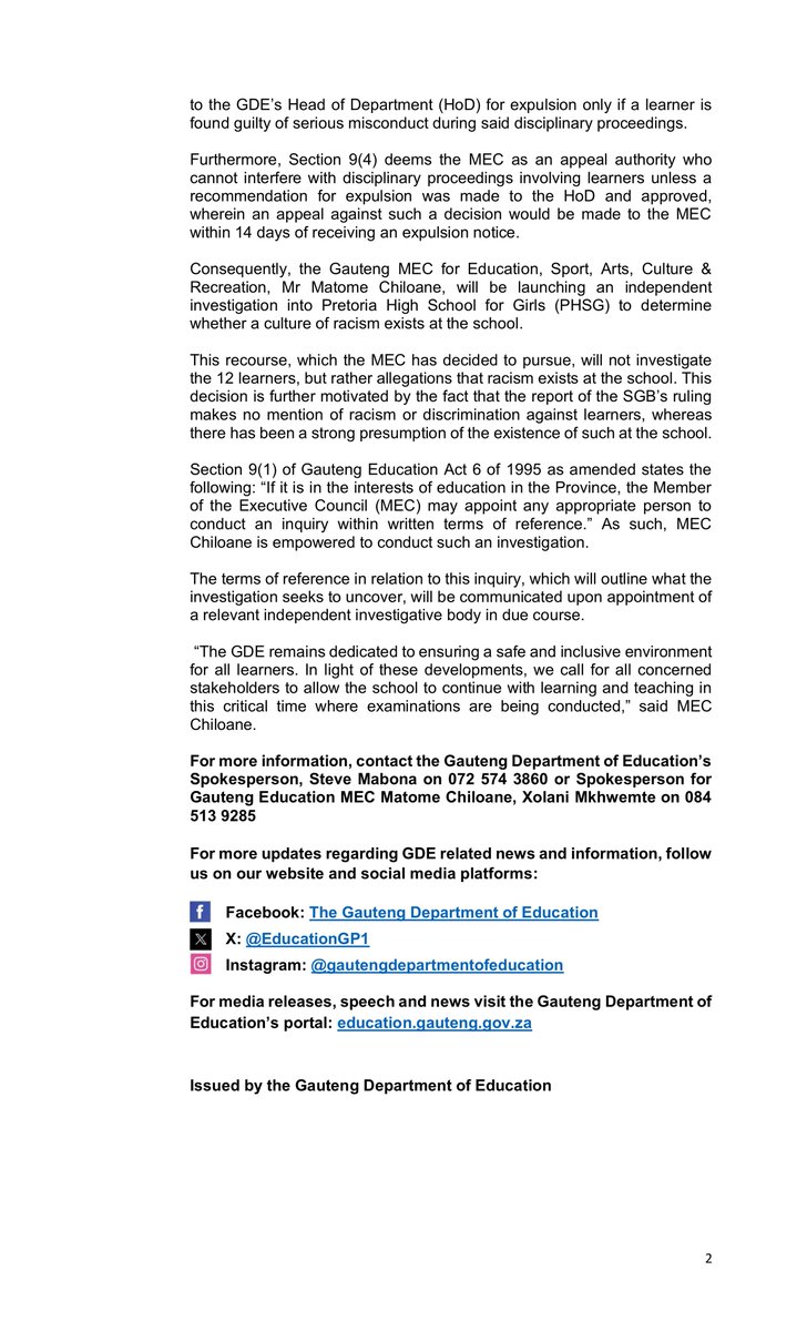 EducationGP1's tweet photo. MEDIA STATEMENT

The Gauteng Department of Education (GDE) wishes to inform the public that it respects the decision of the School Governing Body (SGB) of Pretoria High School for Girls. MEC @matomekopano will launch an independent investigation into racism at the school. https://t.co/xXpSw1zrBn