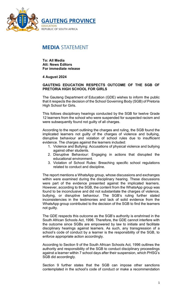 EducationGP1's tweet photo. MEDIA STATEMENT

The Gauteng Department of Education (GDE) wishes to inform the public that it respects the decision of the School Governing Body (SGB) of Pretoria High School for Girls. MEC @matomekopano will launch an independent investigation into racism at the school. https://t.co/xXpSw1zrBn