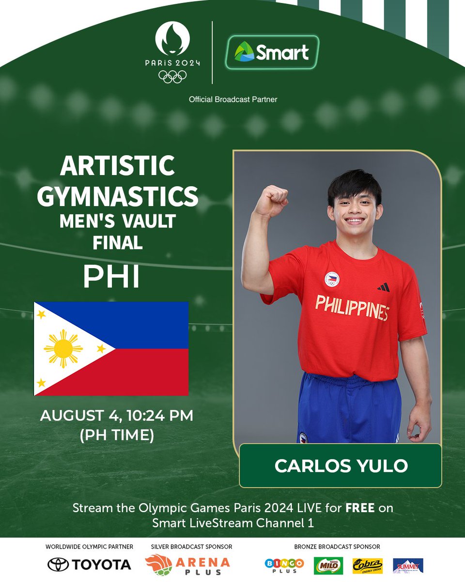 SmartSports_PH's tweet photo. With a gold medal already in the bag, Carlos Yulo 🇵🇭 looks to finish his campaign in Artistic Gymnastics on a high as he competes in the Vault Final in a bid to extend his medal tally! 🤸

#SmartParis2024 https://t.co/gmgEfRbThJ