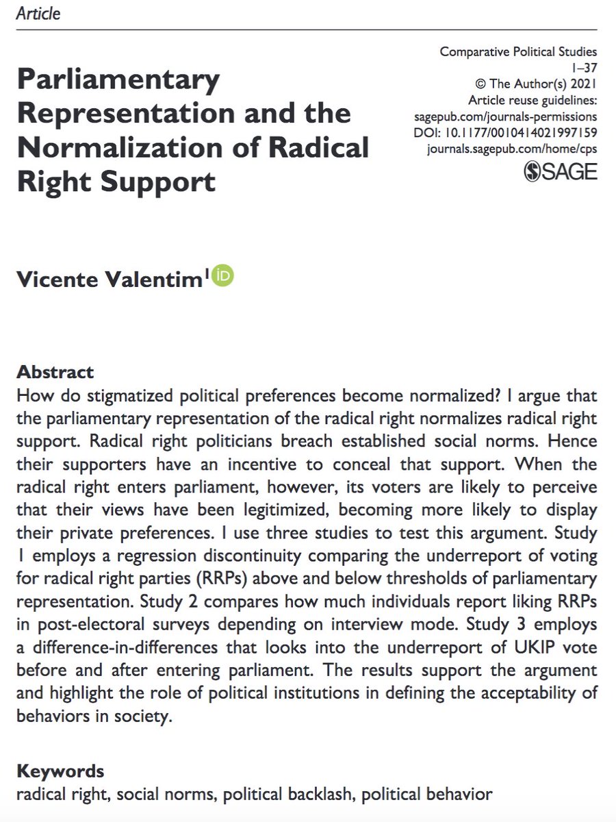 In previous work, I have argued that elections where the far-right is successful (like this one) can normalize public displays of far-right views. 

Citizens who had these views already come to feel more comfortable acting on them after the election.

journals.sagepub.com/doi/abs/10.117…

4/8