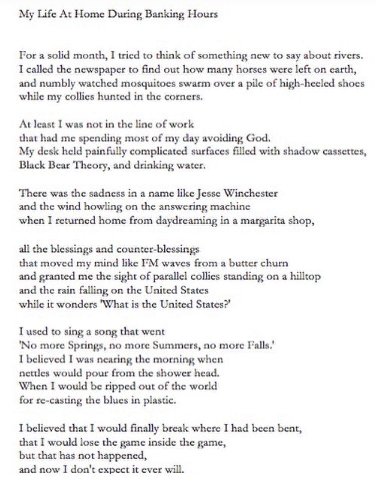 _ChrisDeWeese's tweet image. "My Life At Home During Banking Hours" by David Berman. 

(This is an unpublished poem I found on a recording of a poetry reading he gave, so line breaks are my best approximation of where his reading seemed to indicate them. We're never going to stop missing you, DCB)
