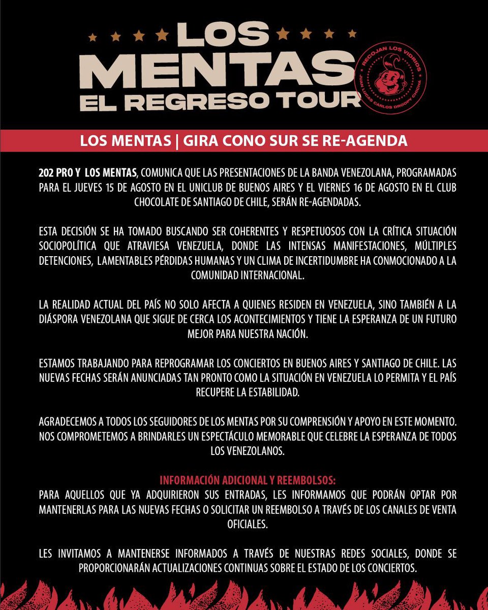 LosMentas's tweet photo. 202 Pro y  Los Mentas, comunica que las presentaciones de la banda venezolana, programadas para el jueves 15 de agosto en el Uniclub de Buenos Aires y el viernes 16 de agosto en el Club Chocolate de Santiago de Chile, serán re-agendadas. https://t.co/JCBgX0Uqos