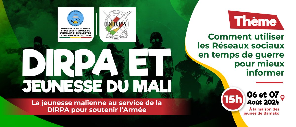 keita_bourama's tweet image. #DIRPA #MINISTEREDELAJEUNESSE 
La jeunesse face aux dangers des réseaux sociaux en temps de guerre.
Tous à la maison des jeunes ce mardi 06 Août 2024 à partir de 15 h. Nous sommes jeunes , nous accompagnons les idéaux du président de la transition.