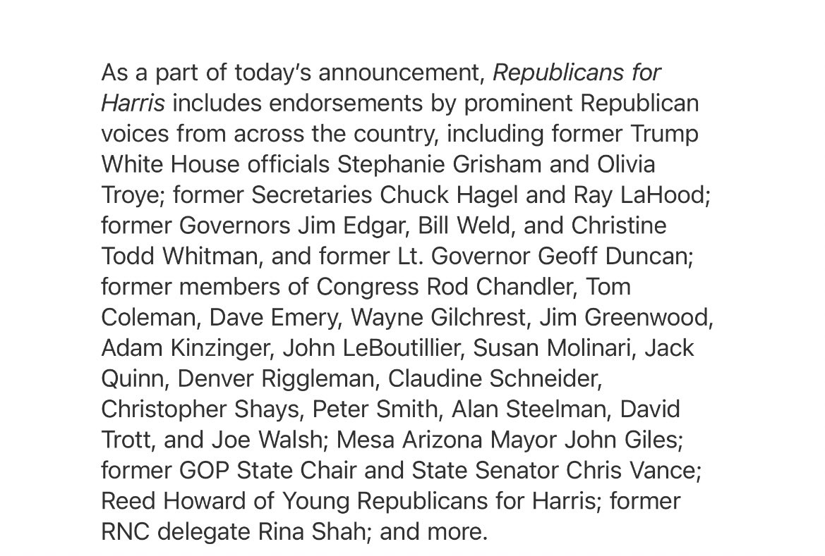 AndrewBatesNC's tweet photo. Republicans for @KamalaHarris launches w/ endorsements:

“former Trump White House officials Stephanie Grisham and Olivia Troye; former Secretaries Chuck Hagel and Ray LaHood; former Governors Jim Edgar, Bill Weld, and Christine Todd Whitman, and former Lt. Governor Geoff Duncan” https://t.co/1k96KcNEyk