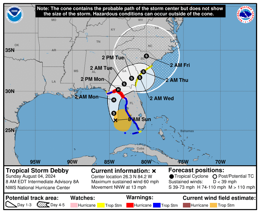 LimWeather's tweet photo. 60mph #Debby forecast to peak =>85mph C1 #Hurricane at #Florida landfall;interests there should begin preps/rush them to completion! #Wxtwitter #tropicswx #wxx #GulfofMexico #HurricaneSeason #HurricaneSeason2024 #FLwx #GAwx #SCwx #NCwx #TropicalStormDebby #hurricanedebby #BigBend https://t.co/dpiTKCeoPV