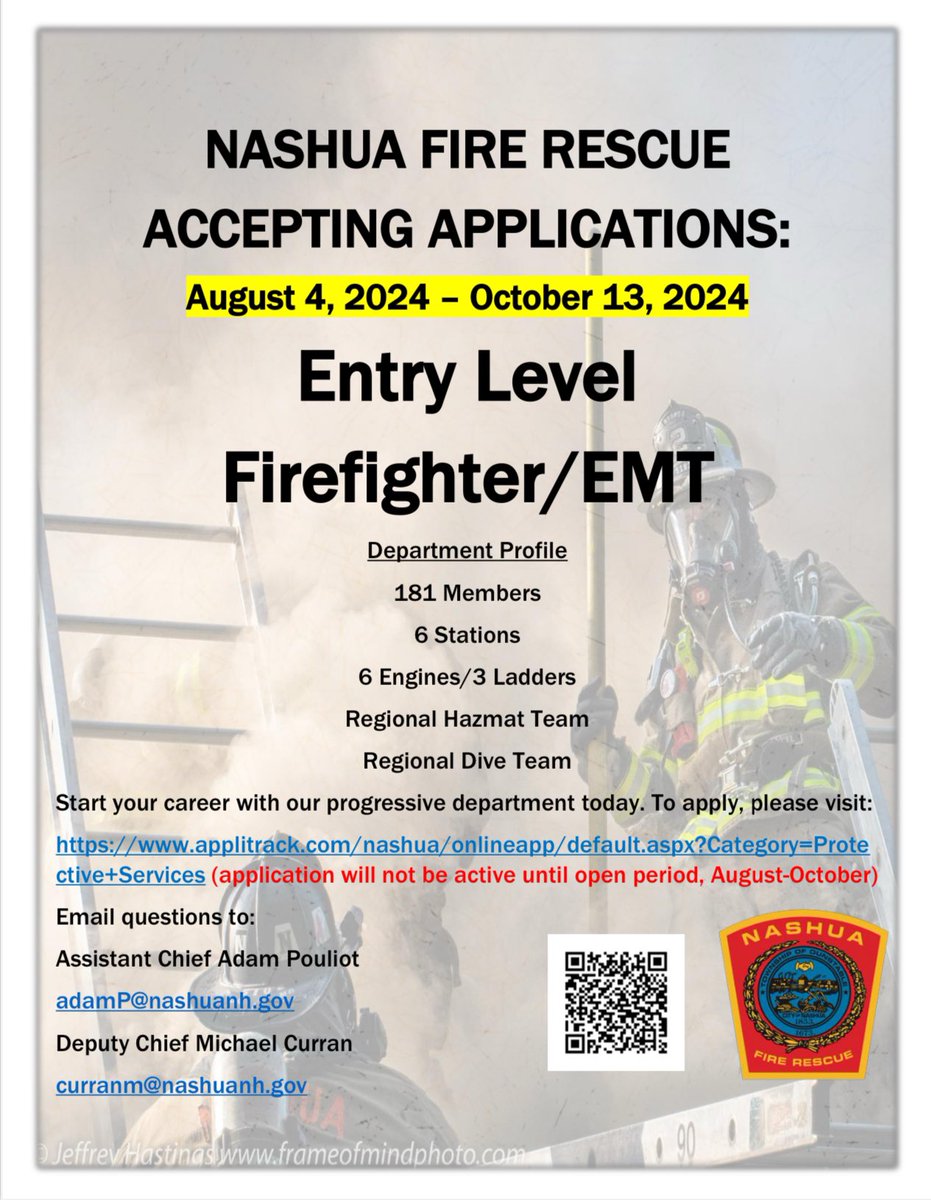 🚨 🔥 We are hiring firefighters 🧑‍🚒 🚒 Our #2025applications are open through October 13, 2024. <a href="/CityofNashuaNH/">CityOfNashuaNH</a> is home to one of the finest fire departments in New England. Affiliated with <a href="/Local_789/">Nashua Fire Fighters IAFF 789</a> - this is an opportunity you don’t want to miss. #NFD2025 ⚠️ ⚠️