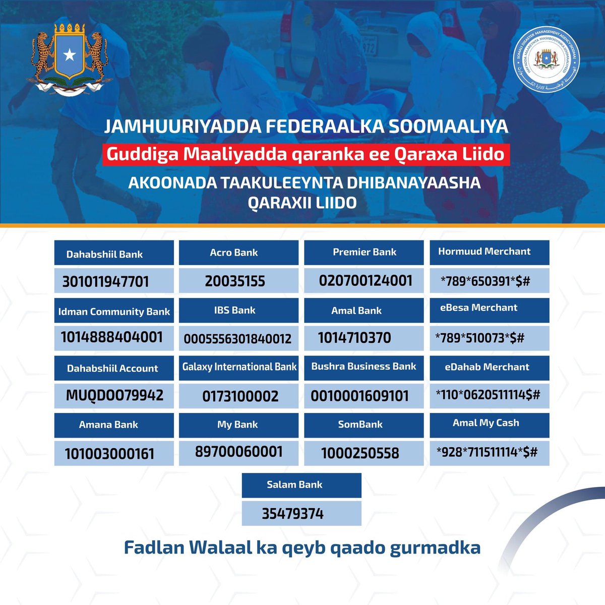 SoDMA_Somalia's tweet photo. KOONTOOYINKA GURMAD QARAN

Ka qeyb qaado caawinta walaalaha ay dhibaatadu kasoo gaartay weerarkii argagaxiso ee ka dhacay Liido 02 August 2024. 

#Gurmadqaran 
#Gurmadqaraxiiliido 
#SoDMA https://t.co/RpLJKqaiJo