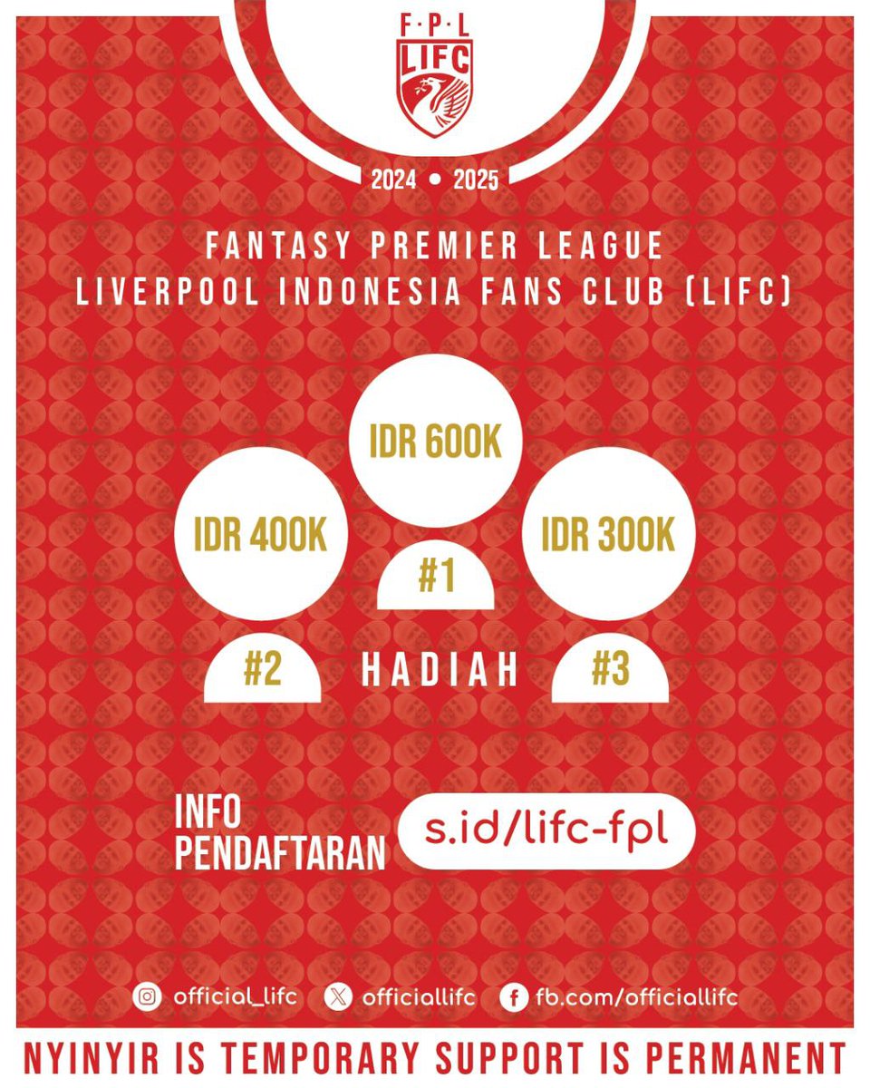 LIFC - Liverpool Indonesia Fans Club (@officiallifc) on Twitter photo Hadir kembali Liga Classic FPL L.I.F.C Musim 2024-2025 untuk semua manajer dengan total hadiah Rp 1Jt ++
"Wajib" mendaftar melalui link pendaftaran >>>s.id/lifc-fpl
*Wajib domisili π²π¨
silahkang disebar luaskan kang <a href="/pisangij01/">FPL Liga Pisangijo</a>
Selamat bertempur Kops...!!! Hadir kembali Liga Classic FPL L.I.F.C Musim 2024-2025 untuk semua manajer dengan total hadiah Rp 1Jt ++
"Wajib" mendaftar melalui link pendaftaran >>>s.id/lifc-fpl
*Wajib domisili π²π¨
silahkang disebar luaskan kang <a href="/pisangij01/">FPL Liga Pisangijo</a>
Selamat bertempur Kops...!!!