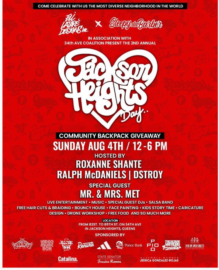 Come celebrate Jackson Heights Day! On <a href="/34_ave/">34AveOpenStreets</a> Open Streets from 82 St to 85th St. A fun community celebration for the whole family! Music, dancing, giveaways &amp; more. See flyer more details. Come celebrate one of NYC’s best neighborhoods. Mr &amp; Mrs Met will be there too!