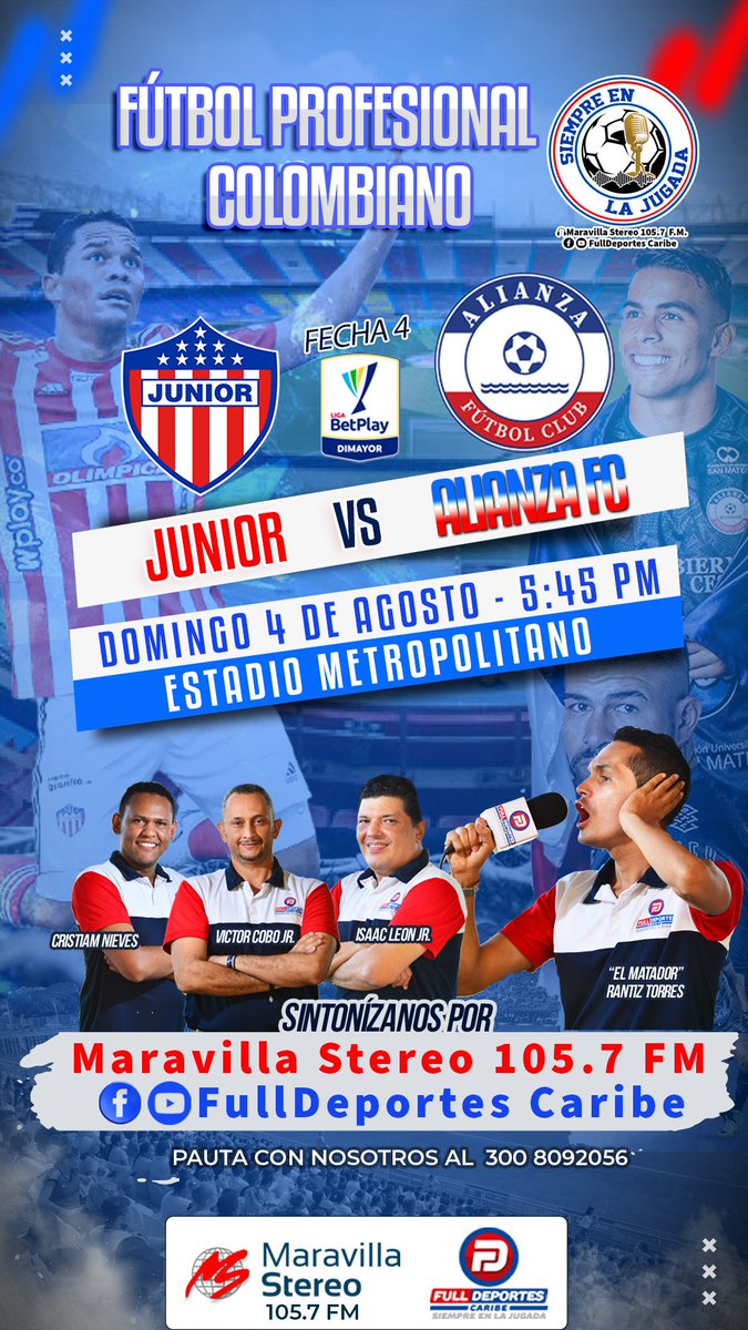 FulldeportesC's tweet photo. 🔵⚪🔴 Este domingo desde las 5:15 pm, la señal de @MaravillaSt1057 FM y FullDeportes Caribe, trae toda la emoción del encuentro entre @JuniorClubSA de Barranquilla y @AlianzaFc_ofic, partido que marca la celebración del centesimo aniversario del cuadro Tiburón. https://t.co/Jb3KIHOqEK