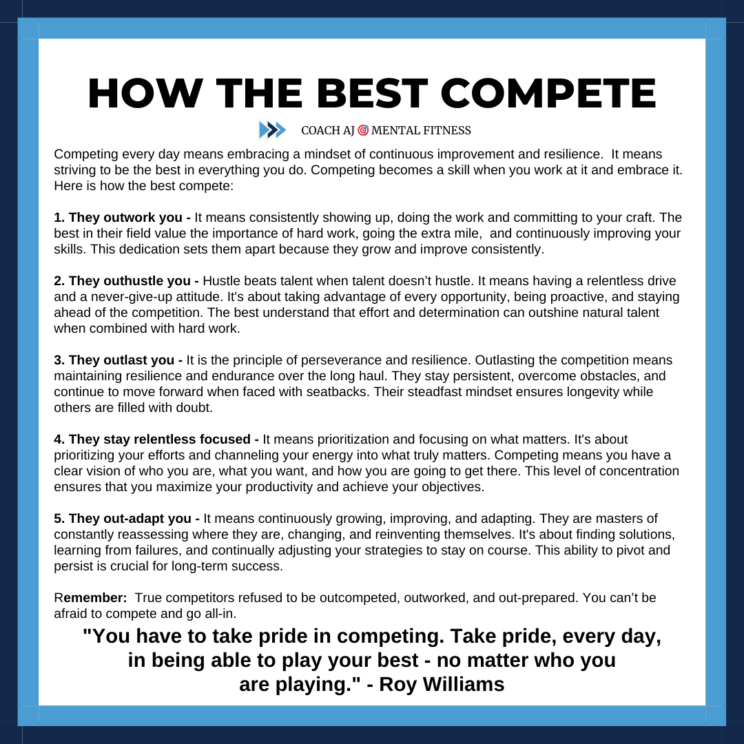 Roy Williams said, "You have to take pride in competing. Take pride, every day, in being able to play your best - no matter who you are playing."

Competing every day is a mindset, not a moment.
• It means do the work.
• It means give your all.
• It means never settle.