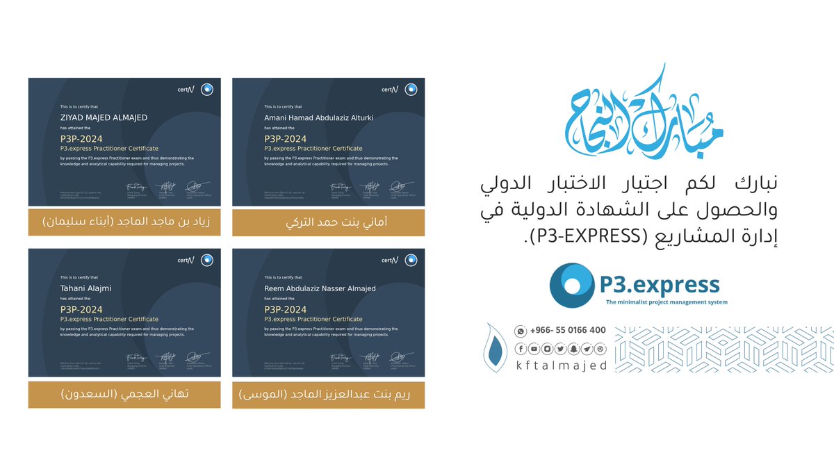 #أسرة_الماجد
#مؤسسة_كفاءات
#برنامج_قائد

ضمن برنامج (إدارة المشاريع بمنهجية الـ P3-EXPRESS) p3.express والذي أقامته كفاءات في شهر يونيو الماضي، استمرت المتابعة مع المشاركين في البرنامج تحت إشراف المدرب (يوسف السويل)، وكانت النتيجة:
اجتيار أربعة من المشاركين الاختبار