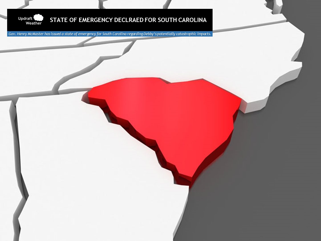 UpdraftWX_'s tweet photo. State of emergency has been declared by the Governor of South Carolina due to potentially historic and catastrophic impacts from #Debby. 

#tropicswx #scwx #flood https://t.co/yvcnnb0KlX