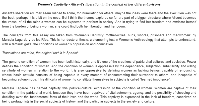 thanergy's tweet image. Here's my essay analyzing Alicent’s liberation in the context of her different prisons, using Marcela Lagarde's doctoral thesis about Women's Captivity in patriarchal societies.
It's only 1.3k words, couldn't fit it in a thread sorry💙
(spoilers for tonight's episode and F&B)