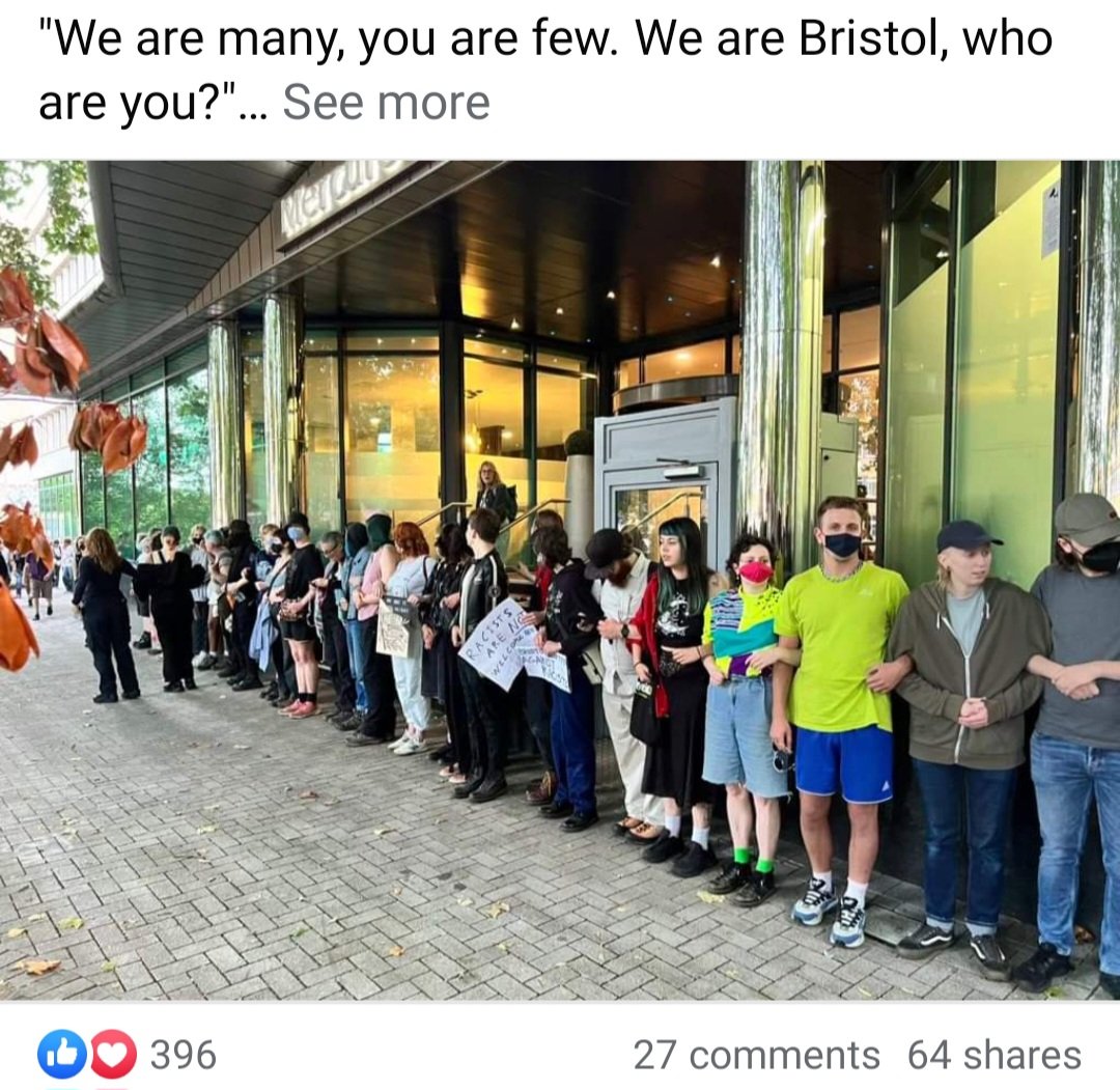 BristolSW_BAMEed (@bameedbristol) on Twitter photo Thank you to counterprotesters & officers of <a href="/ASPolice/">Avon and Somerset Police</a> who protected the hotel where many refugee/asylum seeker families live. Good to remember that the counter protesters far outweighed those that seek to sow division and hatred in this city of sanctuary.
#RiotsUK #SayNoToRacism Thank you to counterprotesters & officers of <a href="/ASPolice/">Avon and Somerset Police</a> who protected the hotel where many refugee/asylum seeker families live. Good to remember that the counter protesters far outweighed those that seek to sow division and hatred in this city of sanctuary.
#RiotsUK #SayNoToRacism