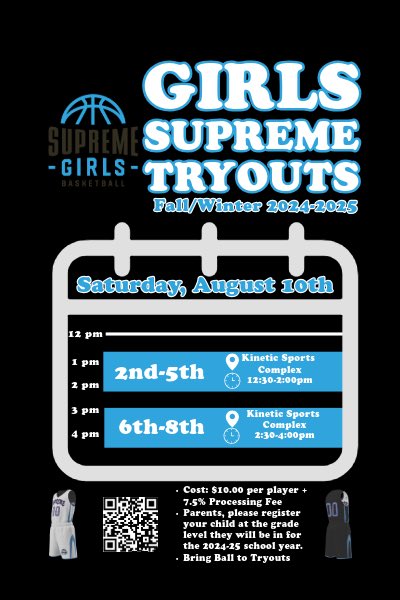 Join us for tryouts on Saturday, August 10th as we look to grow our Girls Supreme squads for the upcoming Fall/Winter 2024-2025 season. We look forward to seeing you there and can’t wait for you to join our #supremefamily