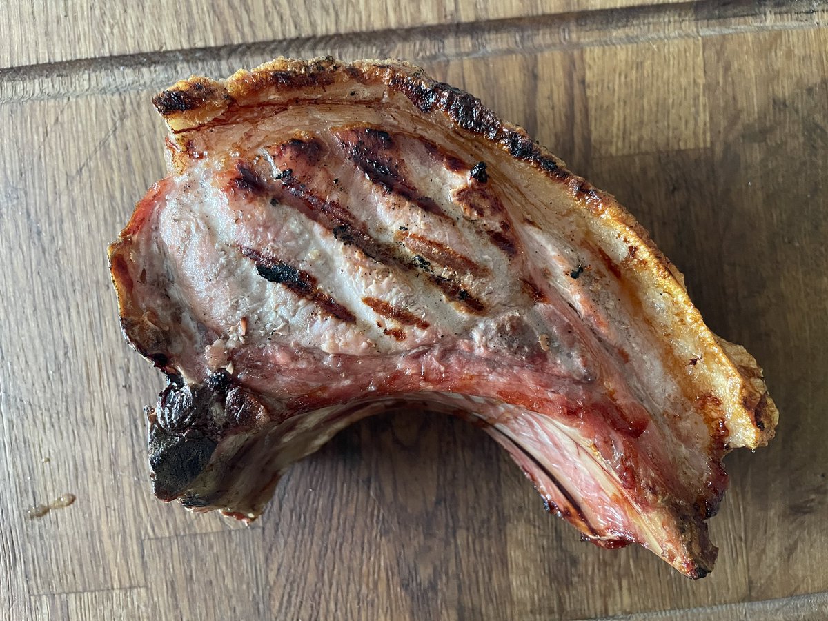 EdHenriet's tweet photo. @cooksdigest @SherwoodFoods1 @SousVideSupreme @waitrose @BigGreenEggUK Followed your double pork chop again today.  Much better crackling this time👍 https://t.co/DRBFrcee9r