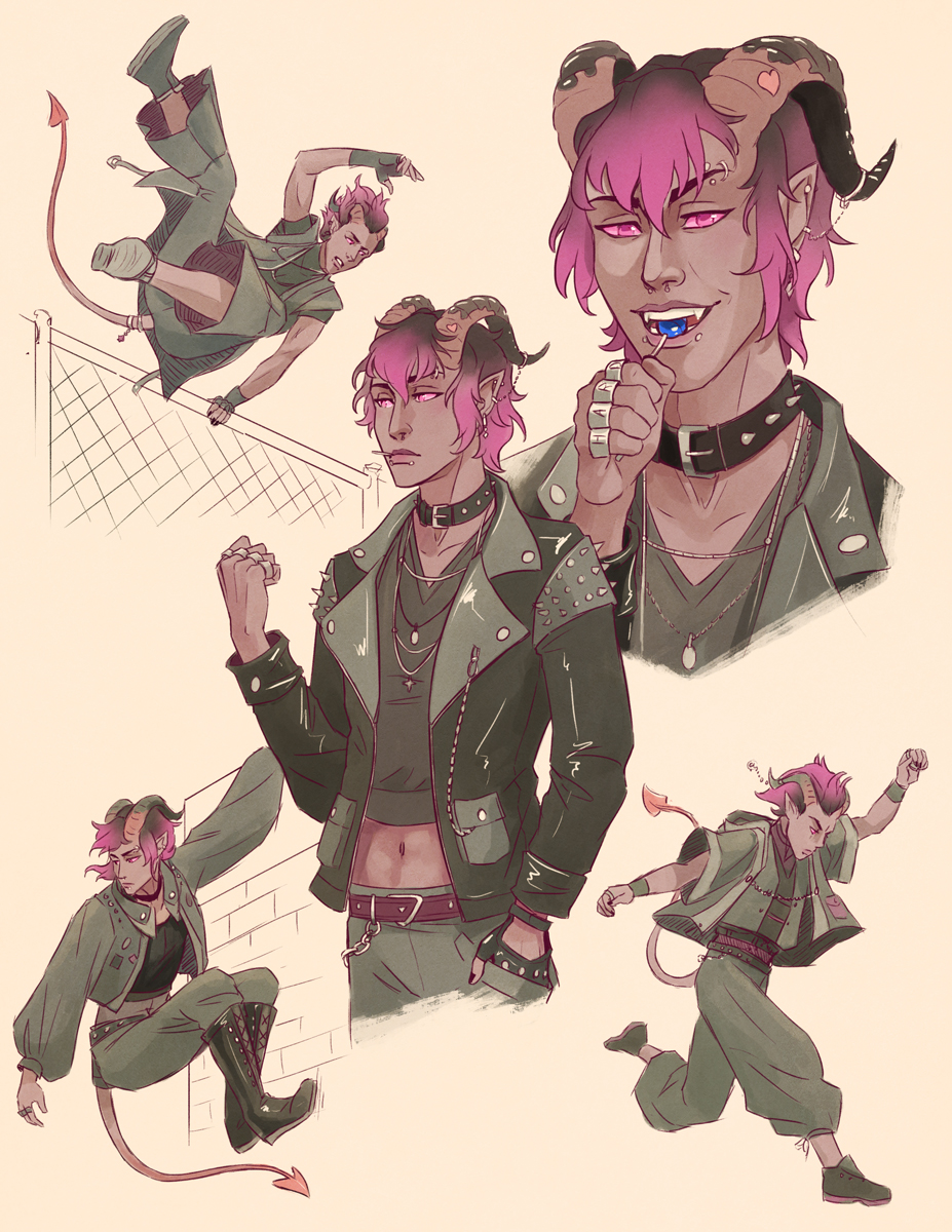 Mellifera38's tweet photo. Wildcard for @inuendo_. This is Slash, a tiefling Rogue/Monk who is big on parkour. I love doing little sketch pages like this ngl. https://t.co/mfUx0o2Ds3
