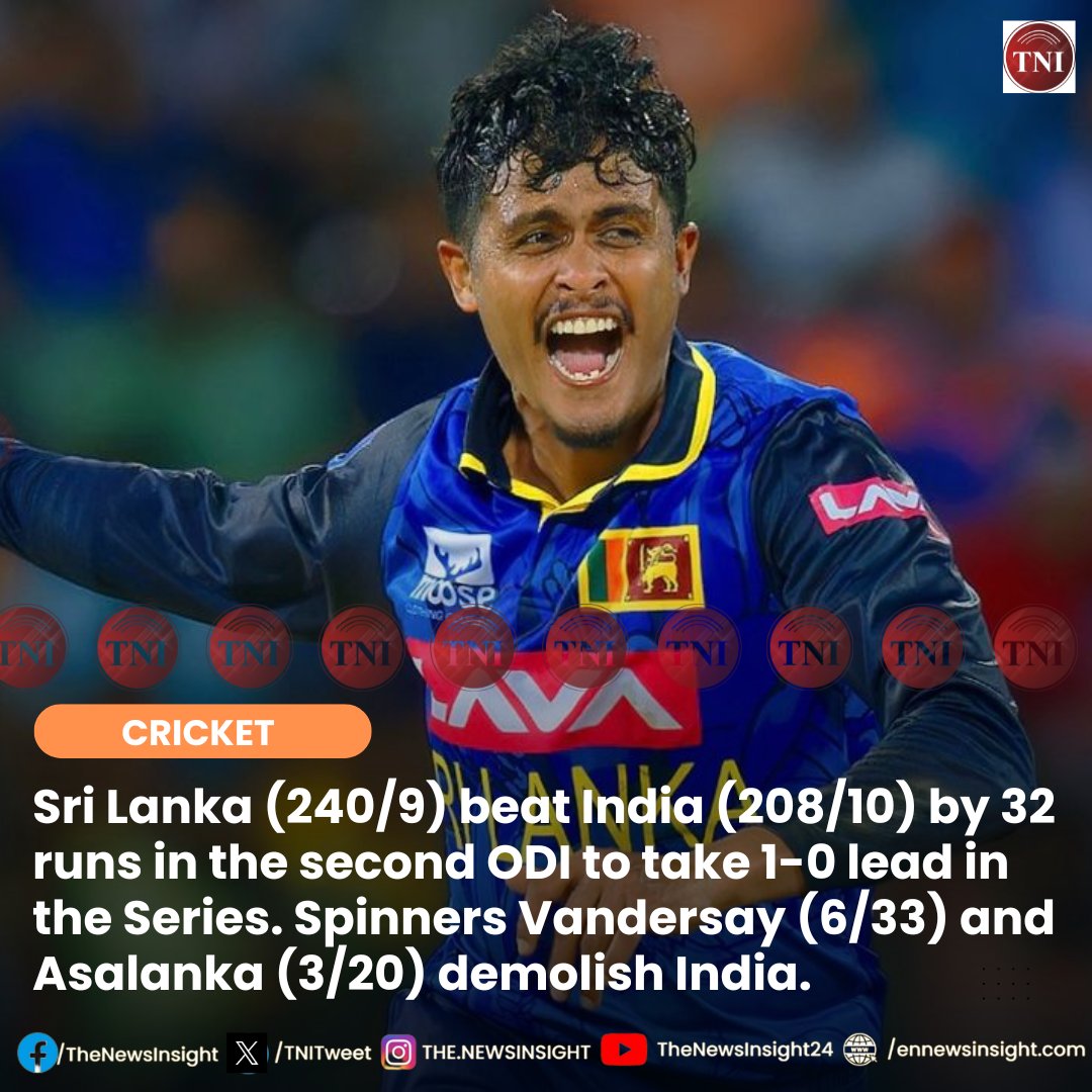 TNITweet's tweet image. Sri Lanka (240/9) beat India (208/10) by 32 runs in the second ODI to take 1-0 lead in the Series. Spinners #Vandersay (6/33) and #Asalanka (3/20) demolish #India.

#SLvIND #srilankavsind #CricketUpdate #INDvSL #TNI #Insight #PIN