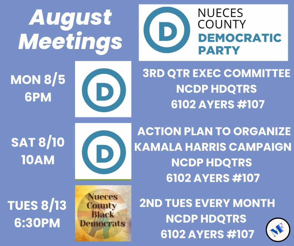 NuecesDemocrats's tweet photo. Join us at any of our August meetings! We need all of your help to flip Nueces County blue again! 💙 MF https://t.co/cmqONNfyJb