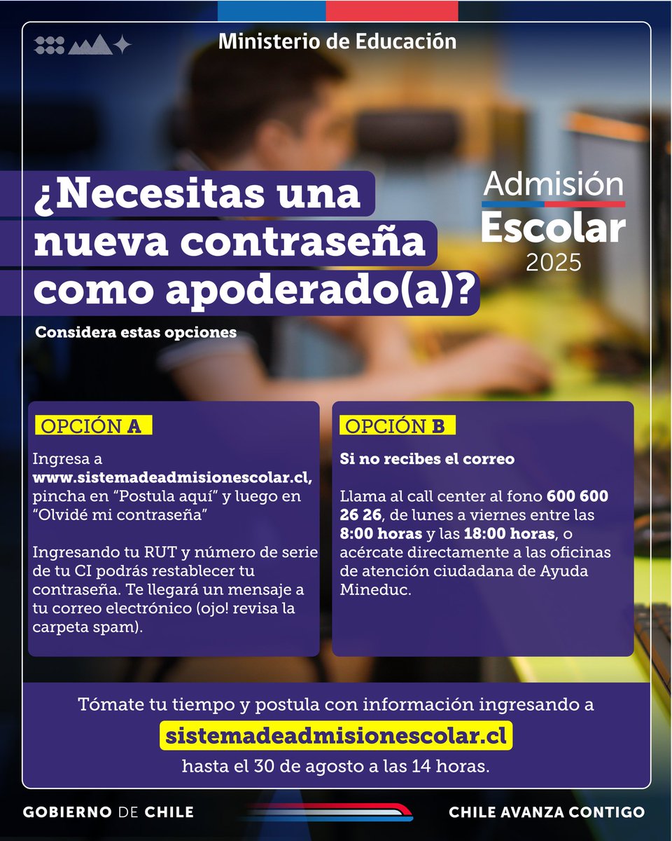 ¿Necesitas una nueva contraseña como apoderado(a) en sistemadeadmisionescolar.cl? Sigue estos pasos. 
Recuerda ¡postular al inicio o fin del proceso no cambia el resultado de la asignación!
#AdmisiónEscolar2025
