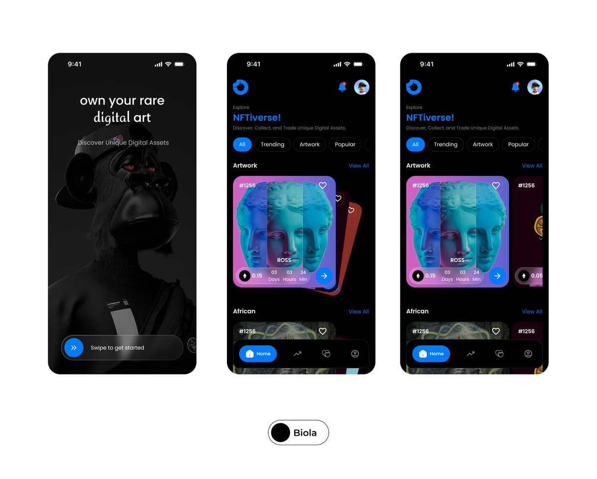 blesss___ed's tweet image. DAY 17/20 Today, I designed an NFT Marketplace Screens. which includes an onboarding screen for first time users,an exploration page for discovering, collecting, and trading unique digital assets
#UIDesign #UXDesign #DesignChallenge #MobileDesign #NFTMarketplace #Darkmode #Design