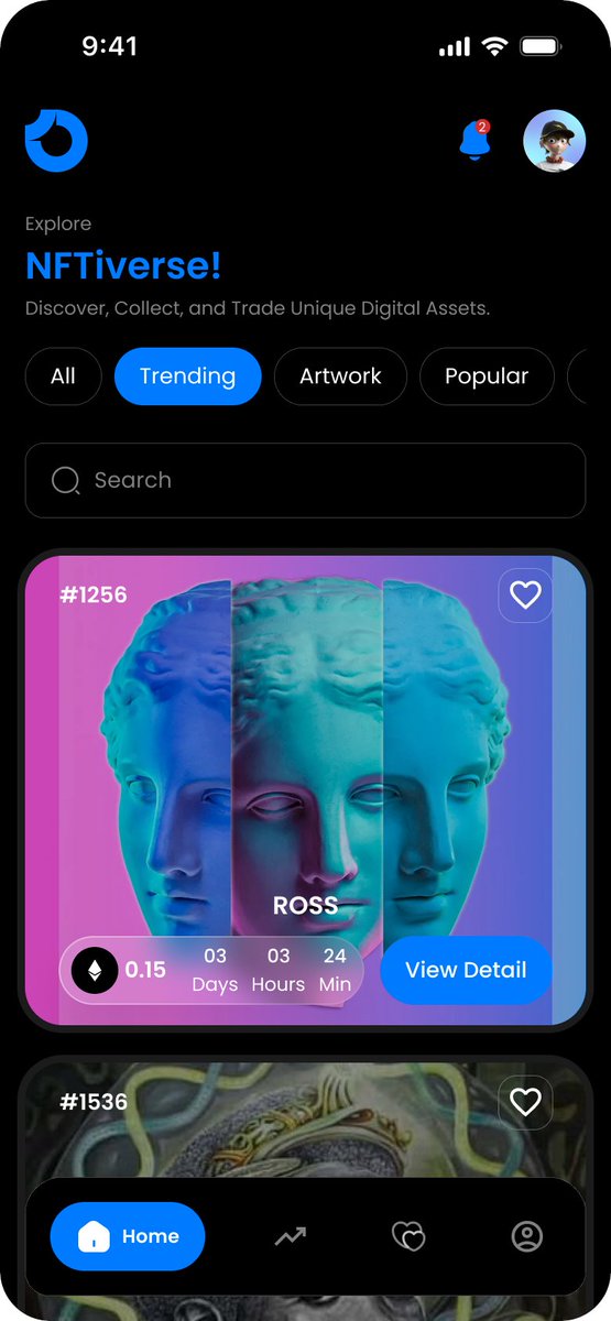 blesss___ed's tweet image. DAY 17/20 Today, I designed an NFT Marketplace Screens. which includes an onboarding screen for first time users,an exploration page for discovering, collecting, and trading unique digital assets
#UIDesign #UXDesign #DesignChallenge #MobileDesign #NFTMarketplace #Darkmode #Design