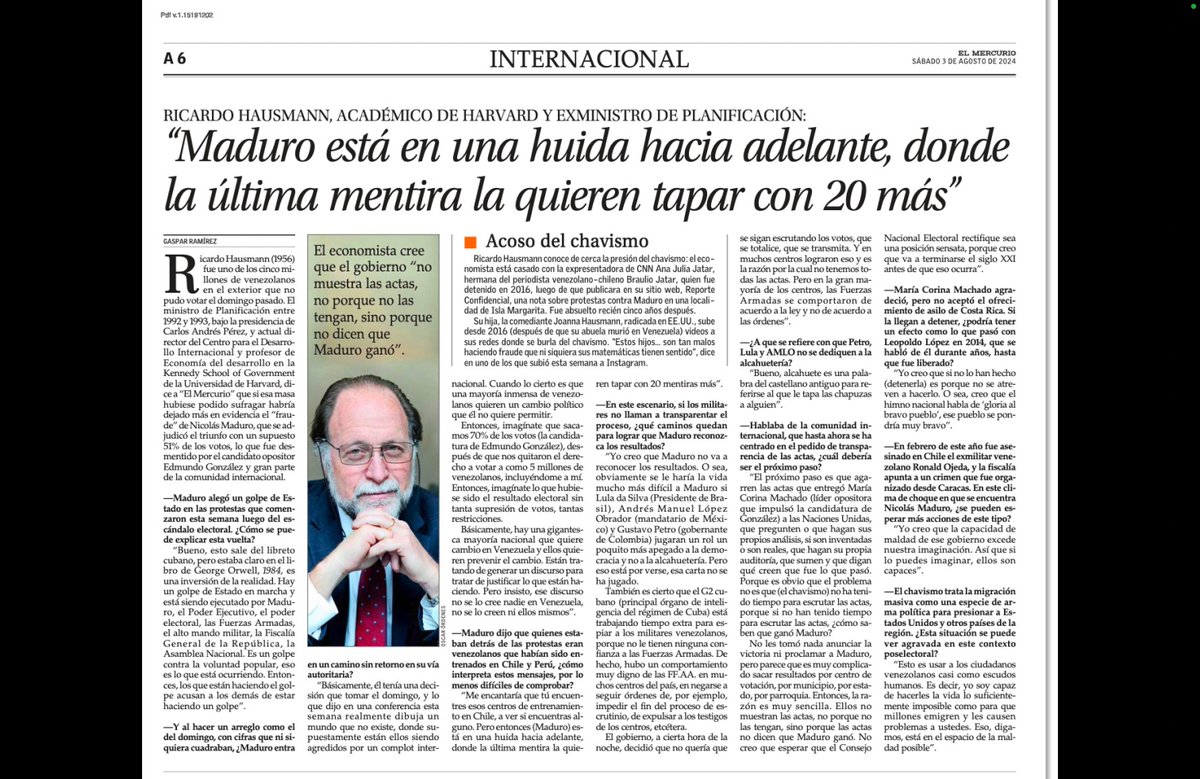 ricardo_hausman's tweet image. "Maduro está en una huída hacia adelante, donde la última mentira la quieren tapar con 20 más". Mi entrevista en El Mercurio de Chile.