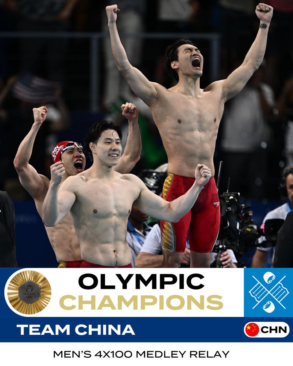 What a race! Team China claims 🥇touching home in 03:27.46 ahead of USA and FRANCE

#Swimming #Paris2024
