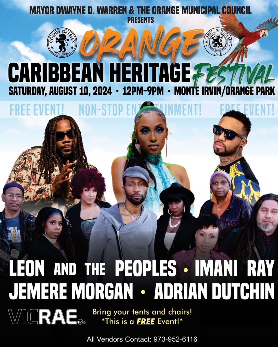 SATURDAY AUGUST 10th 2024 12-9PM
Caribbean Heritage Festival featuring:
LEON &amp; THE PEOPLES * JEMERE * IMANI RAY * ADRIAN DUTCHIN &amp; more‼️
Location: Monte Irvin/Orange Park, Orange, NJ #caribbeanheritagefestival #musicfestival #reggaefestival #reggaesoul  #imaniray #jermeremorgan