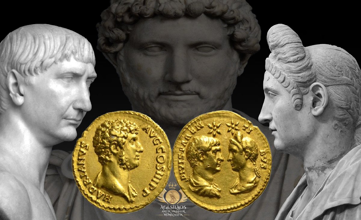 AntikSikkeler's tweet photo. #RomanEmpire 117-138
#Hadrianus with his adoptive #parents #Trajan and #Plotina.
Publius Aelius #Hadrianus was born in #Spain in AD 76. He lost his parents at the age of ten and was placed under tutelage with the distantly related Marcus Ulpius Traianus who after a successful military career was adopted by emperor #Nerva and succeeded him in AD 98. 

#Trajan was married to #Plotina [AD 122], the marriage remained childless. #Plotina had a good relationship with #Hadrian and promoted him. #Hadrian was married to #Sabina, a grand-niece of #Trajan. The adoption of both #Hadrian and #Sabina and with this the designation as successor to the throne took place, obviously on intervention by #Plotina, only the day after Traian’s death on August 8, 117. 

#Hadrianus honoured his adoptive parents with the consecration, struck #coins in their memory and erected a basilica in Nemausus [Nimes] for Diva Plotina, a temple in #Rome for Divus Traianus.