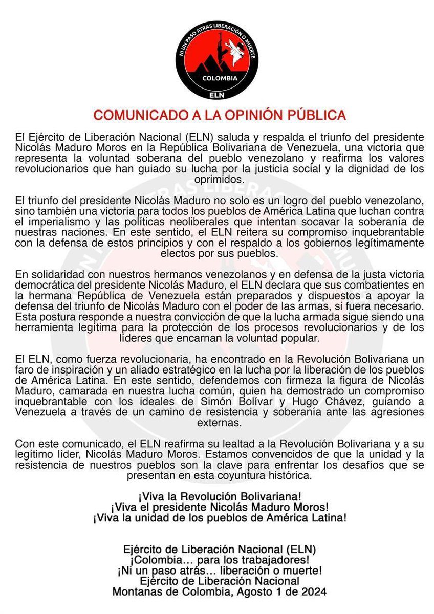 ivanfaguilar's tweet photo. Que el ELN apoye y este dispuesto a defender con sus hombres y sus armas el resultado de Maduro es la mayor prueba de la tiranía que impera en #Venezuela, una dictadura que se ha robado las elecciones. 
#VenezuelaLibre #VenezuelaLibredeDictadura https://t.co/47ke3APKub
