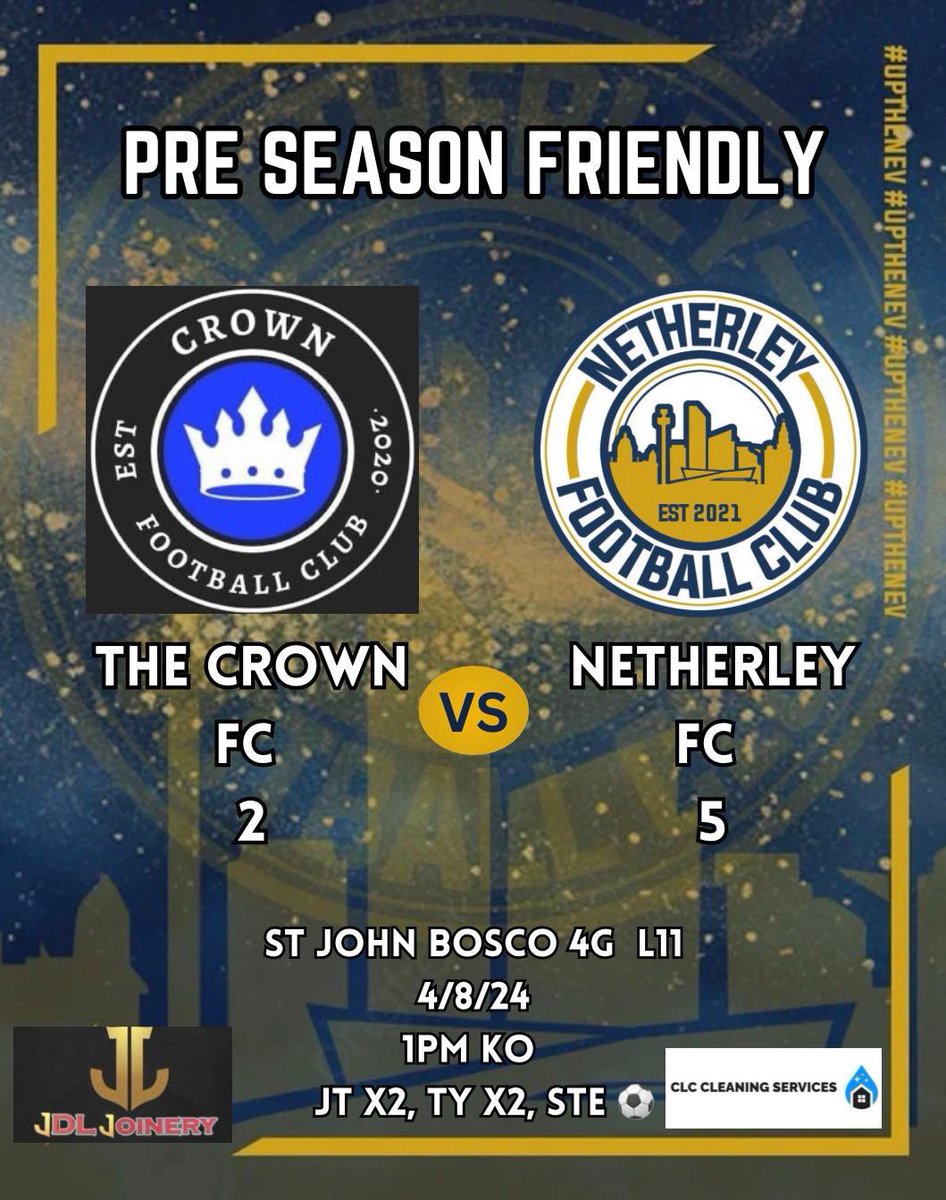 netherleyFC1's tweet photo. 5-2 win today against a good side in last seasons div2 winners @thecrownfc2 proud of the lads worked well as a team and played some good football on to the next one 💪

Thanks for the game fellas good luck for the season 👏 https://t.co/h13srnQTRO