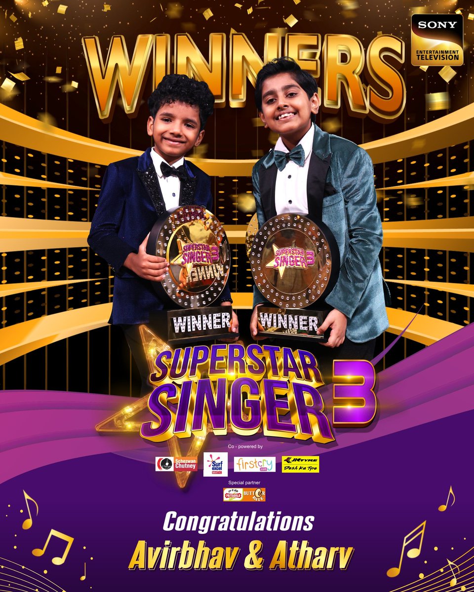 SonyTV's tweet photo. Superstar Singer Season 3 ke winners hai, none other than Avirbhav &amp; Atharv! Congratulations 😍🥳 🥂 🙌🏼

@iAmNehaKakkar

#SuperstarSingerS3 #AajKiAwaazKalKiDharohar #KalKeSuperstarSinger #SuperAvirbhav #SuperAtharv https://t.co/gGv9hPxcfS