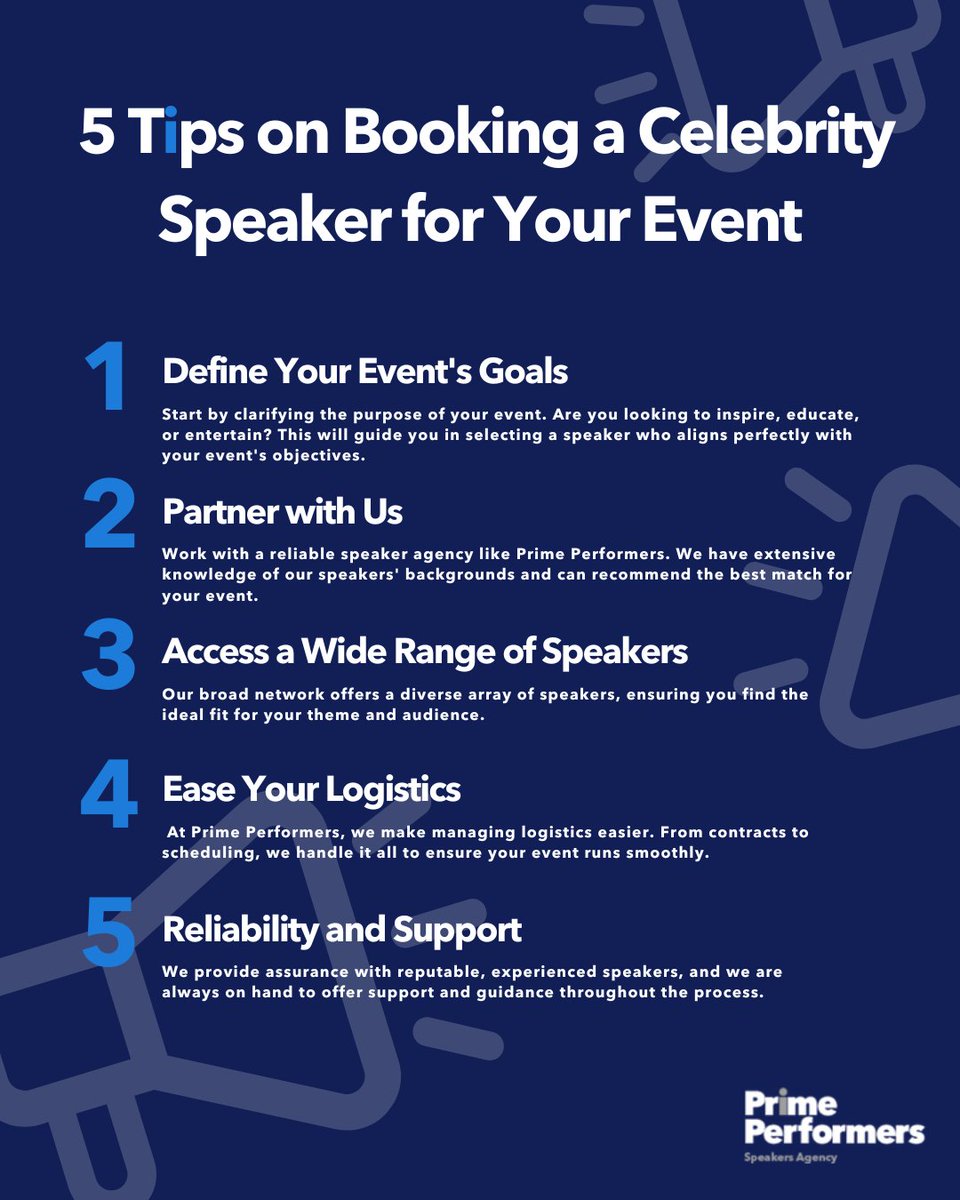 Thinking about booking a celebrity speaker for your event? See our blog post for a step by step guide to booking a speaker: shorturl.at/JUtjW #EventPlanning #CelebritySpeakers #EventTips #PrimePerformers #BookASpeaker #EventManagement