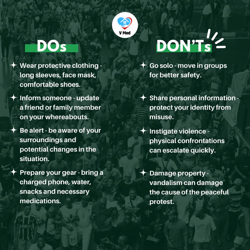 Vmed2023's tweet photo. Your voice matters, but so does your safety! ✊🏾

As we collectively rise to #EndBadGovernanceInNigeria, let’s prioritize peace and safety. We understand the urgency and passion behind the movement, but it’s crucial to protect ourselves and others.

#EndBadGovernance https://t.co/Ov5R5UFOGu
