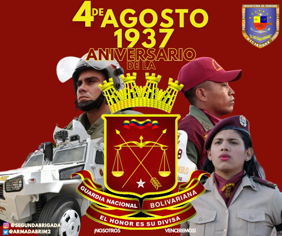 armada_brim2's tweet photo. #hoy Felicitamos a Nuestros Hermanos de la @GnbGaranteDePaz por su 87 Aniversario en la defensa de la Patria, siendo los Centinelas Permanentes del Pueblo.

¡NOSOTROS VENCEREMOS! https://t.co/9vcjzR54TE