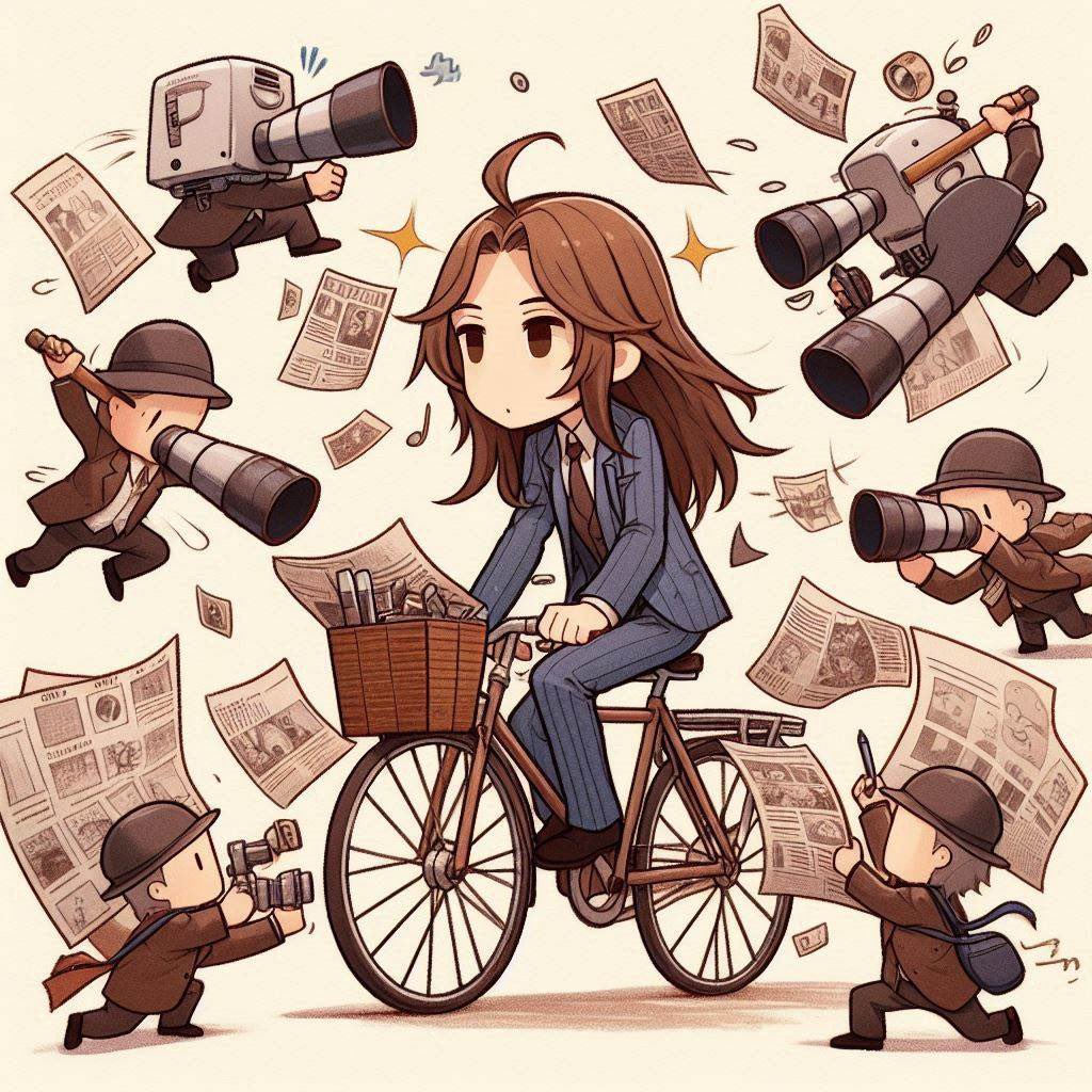 srcruiser's tweet photo. “自分の脇を横切る暴走自転車のモノクロ漫画風デッサンをドラレコの証拠写真並みに大量に描き上げ、美術の研究課題を放置する、茶髪で長髪の中性 #VTuber”を #BingImageCreator に🖼️🖌️🤖#AI画像生成 させたら🚴♀️#競輪 のカメラマン風になる #AI絵📸
#AIart #AIbike #DALLE #DALLE3 #dalle3art #AI自転車 https://t.co/NSUCsxx6lk