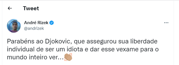 JoaquinTeixeira's tweet photo. Do que adianta ser o maior no seu esporte em todos os tempos, ganhar tudo, medalha de ouro... se você não tem o respeito de André Henning, Ingrid Guimarães, André Rizek e Joaquin Teixeira?

DJOKOVIC VOCÊ É UM FRACASSADO! https://t.co/AsmcXEOJ8X