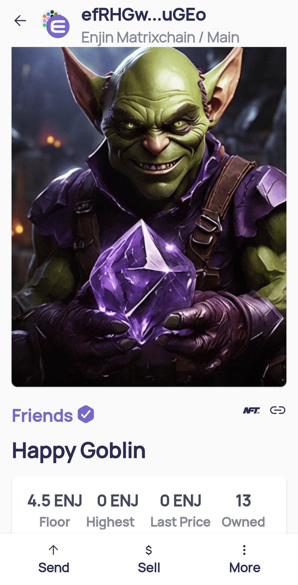 "Happy Goblin" 💚😈💜 #Friends #NFTCommmunity Creator <a href="/Alfo_nel/">DragonsArt.ENJ</a> 🐉💥Choose Winners in 72hrs ✌️🤩😁
⏰️❤️&amp;RT
⏰️Follow <a href="/Alfo_nel/">DragonsArt.ENJ</a> 
⏰️Tagg 3 frenz 
⏰️Comment ENJIN Matrixchain address 
#NFT #Enjin #EnjinNFT #NFTio #nftart #NFTGiveaways #NFTGiveaway #EnjinisKing #FuelTheEnjin