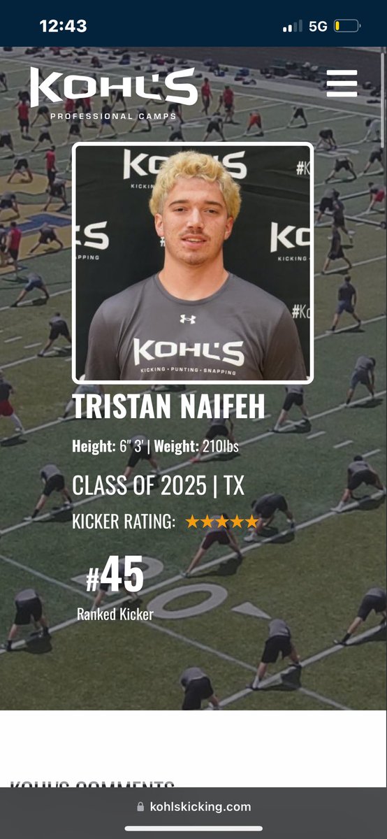 After a great camp in Tennessee with <a href="/KohlsKicking/">Kohl's Kicking Camps</a>. I am happy to have earned my 5th star with Kohls, and ranked #45 in 🇺🇸
<a href="/Martin_Football/">MARTIN FOOTBALL</a> <a href="/CoachPride14/">Reid Pride</a> <a href="/OberkromKicking/">Jaden Oberkrom</a> <a href="/Coach_Radke/">Luke Radke</a>