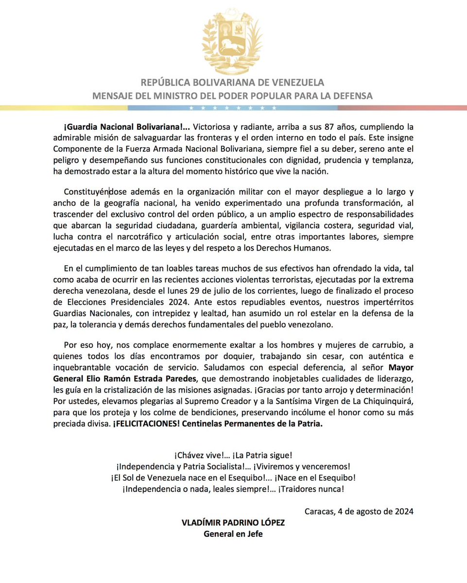 #04Ago📄 #Importante || Mensaje del ciudadano GJ Vladímir Padrino López en ocasión de celebrarse el 87° Aniversario de la Guardia Nacional Bolivariana. 🇻🇪
Enlace: acortar.link/jjiJYF