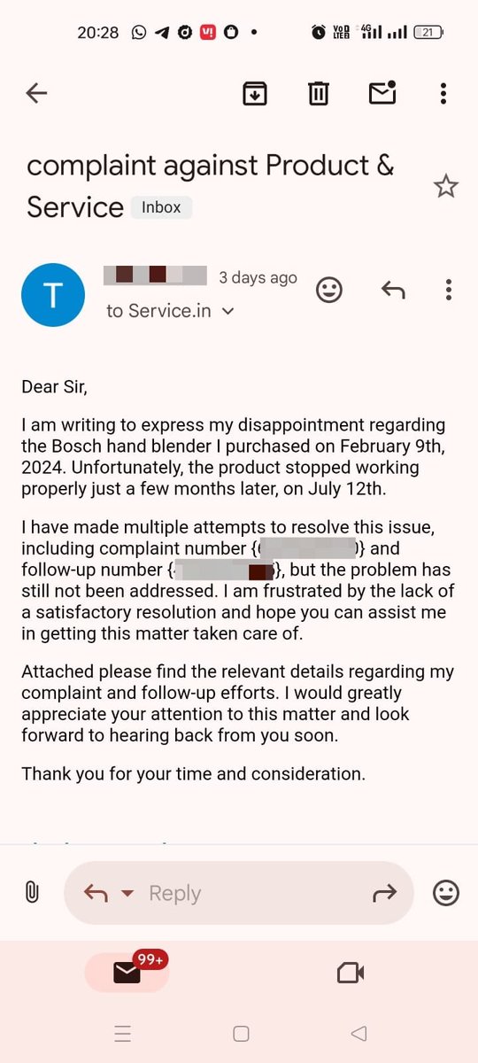 itsme_ng's tweet photo. Worst experience with @boschindia. Bought a hand blender which stopped working after 4 months of use. A service request has been raised on 12 July, the engineer has been visited stating that part is not available and it's been more than 20 days no resolution has been provided. https://t.co/kFhbZfsAEb