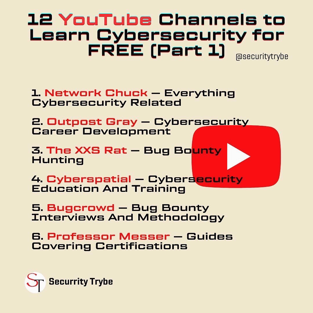 SecurityTrybe's tweet photo. 12 YouTube Channels to Learn Cybersecurity https://t.co/0k2YIjM8Fw