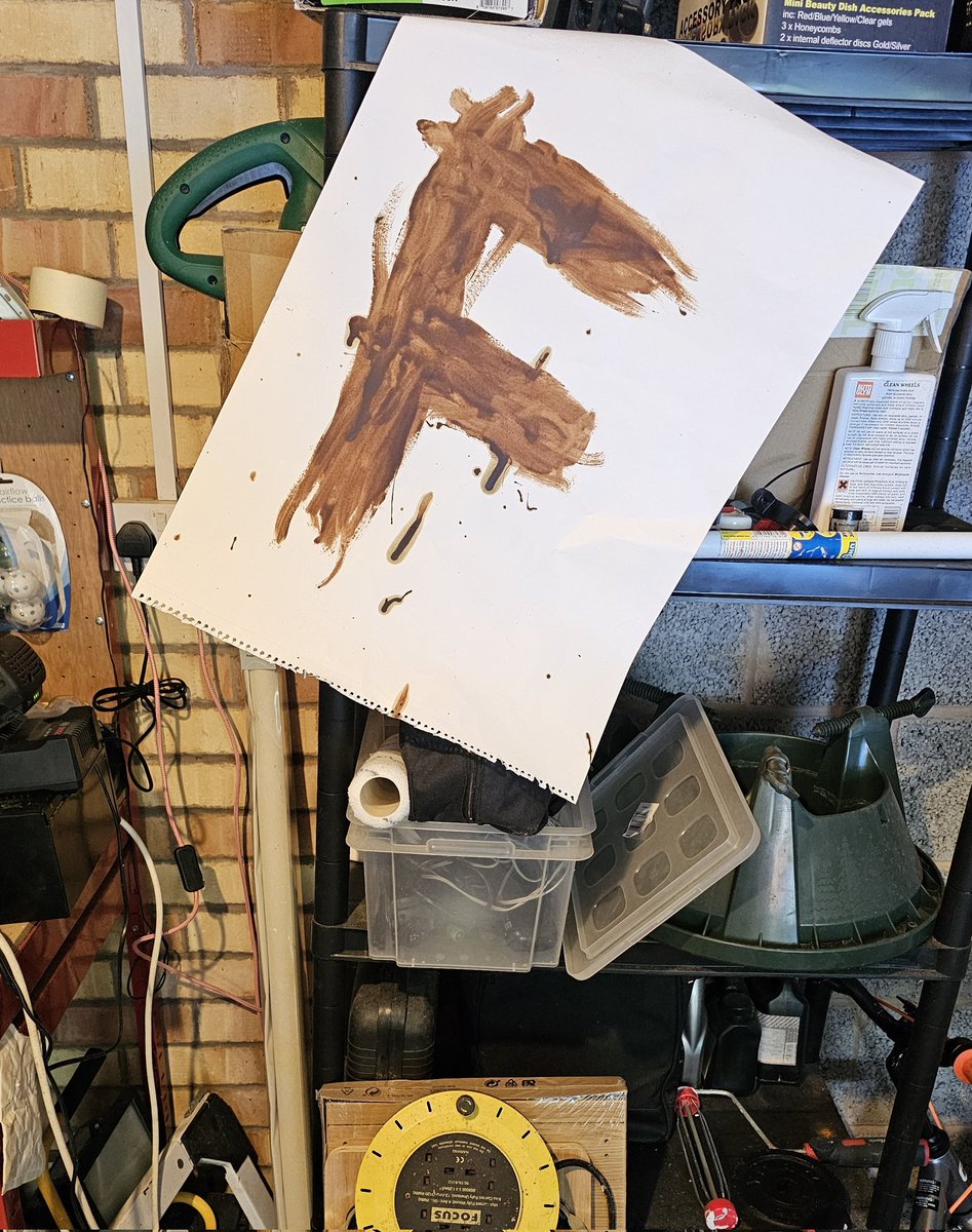 Clearing out the garage. Found the original F artwork as featured on the first album artwork, numerous t shirts, stickers, and this profile picture. Yes, it was painted with brown wood stain on an A2 sheet before being colourised to the familiar neon green. 

Open to offers 🤣