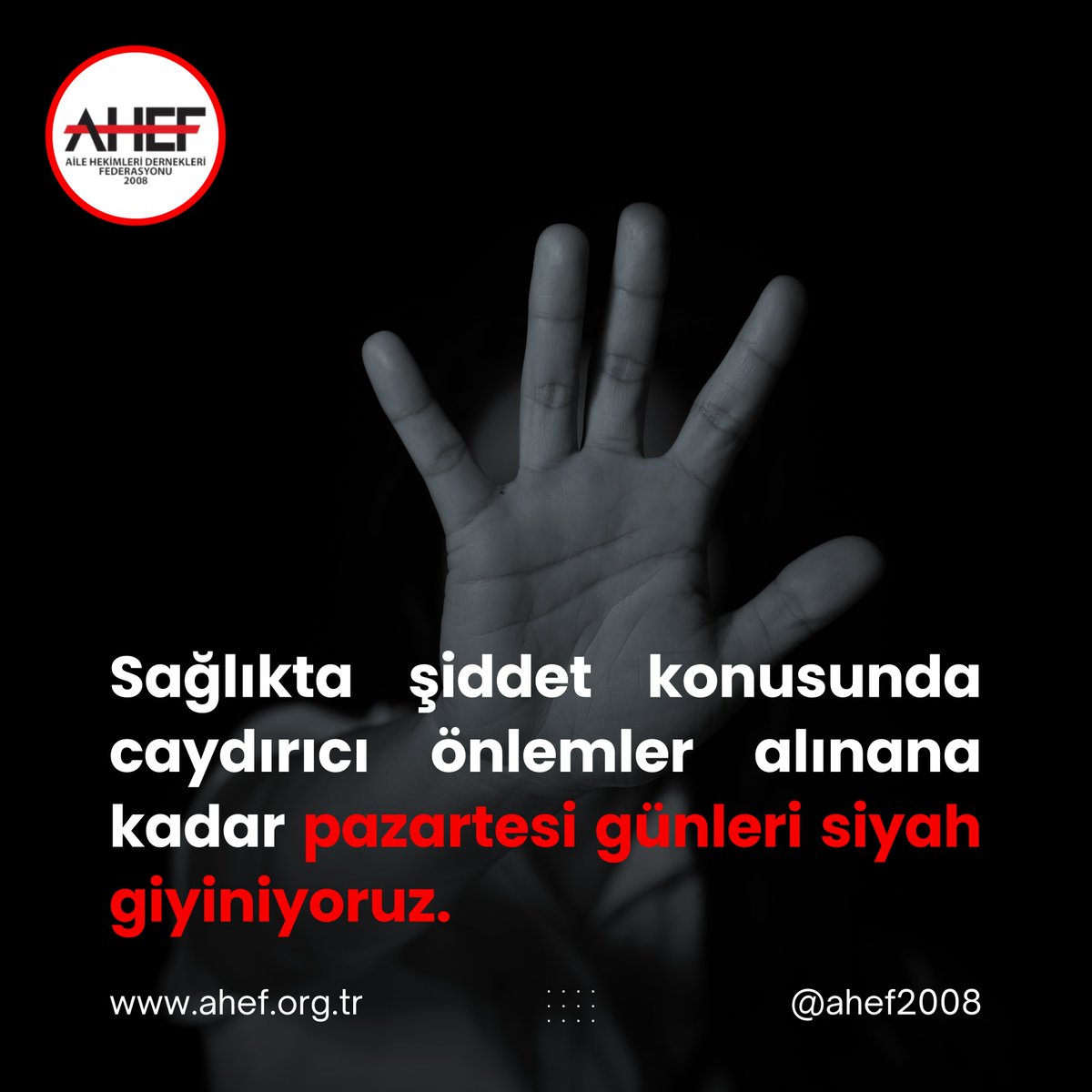 Değerli meslektaşlarımız, sağlıkta şiddete dur demek ve bu konuda bir farkındalık oluşturmak adına yarın siyah kıyafetler giyip Aile sağlığı merkezlerinizden çekeceğiniz fotoğraflarınızı sosyal medya hesaplarımızda ve haberlerde kullanmak üzere ahef@ahef.org.tr ye göndermenizi