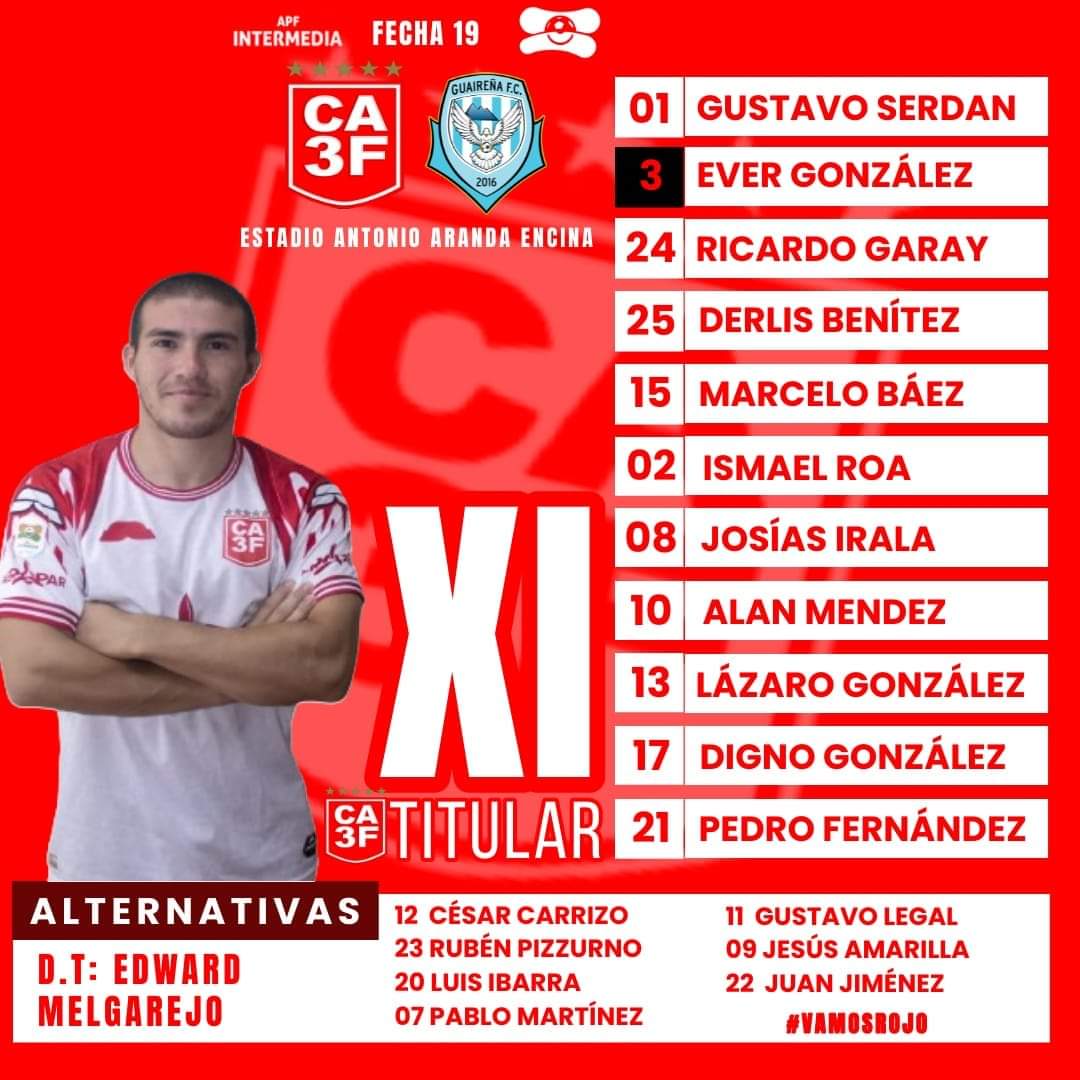 ⚔️ Nuestro 11 titular

3 de Febrero x Guaireña FC

#vamosrojo🔴