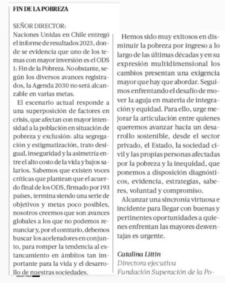 catalittin's tweet image. Participamos del lanzamiento del Informe de Resultados 2023 de @ONUChile. Les comparto algunas reflexiones sobre los desafíos de Chile para el Desarrollo Sostenible y el ODS#1 Fin de la Pobreza. 
kiosco.latercera.com/reader/04-08-2…

informeonu2023.cl