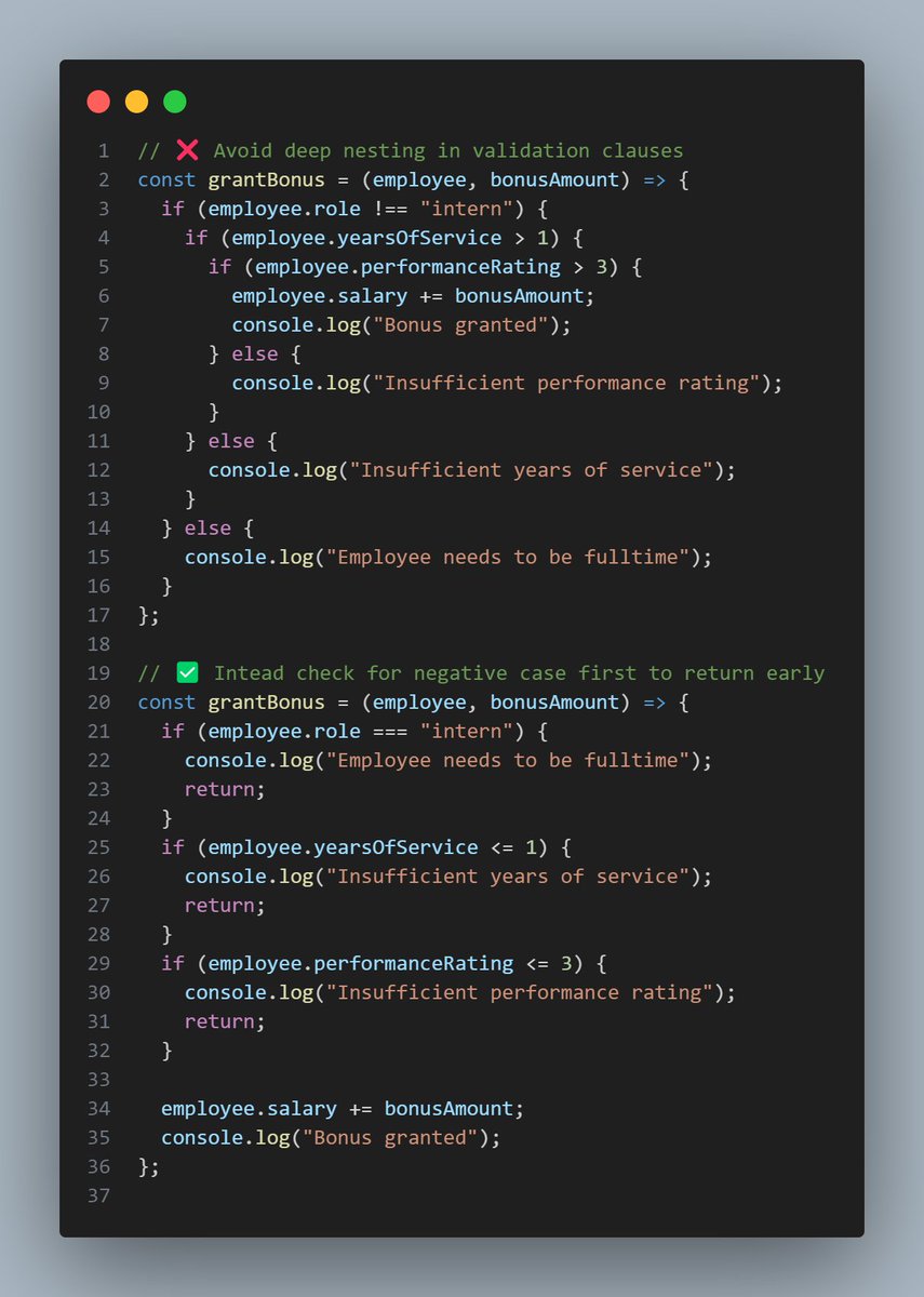 _abdul_rafay's tweet image. 💡 Avoid deep nesting in validation clauses by using early returns to handle negative cases upfront. This approach makes your code more readable and easier to navigate.
#cleancode #codereadability